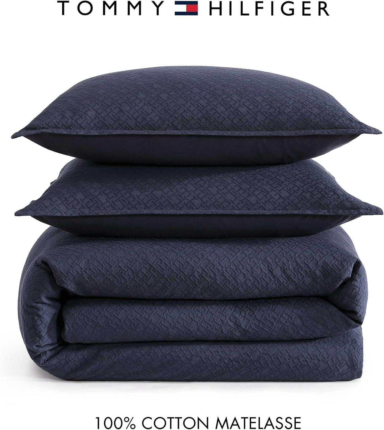 imageTommy Hilfiger Comforter Set Luxuriously Soft Cotton Matelass Bedding with Matching Shams Textured Design Monogram Beige FullQueenMonogram Matelass Navy