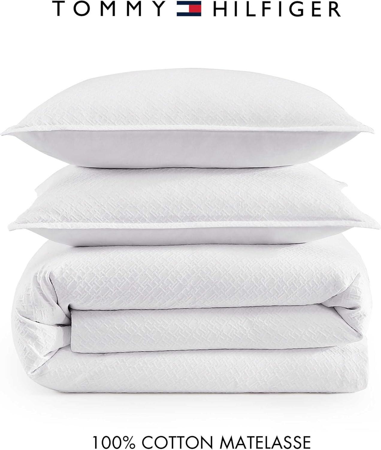 imageTommy Hilfiger Duvet Set Luxuriously Soft Cotton Bedding with Matching Shams Textured Design Monogram Matelass White FullQueenMonogram Matelass White