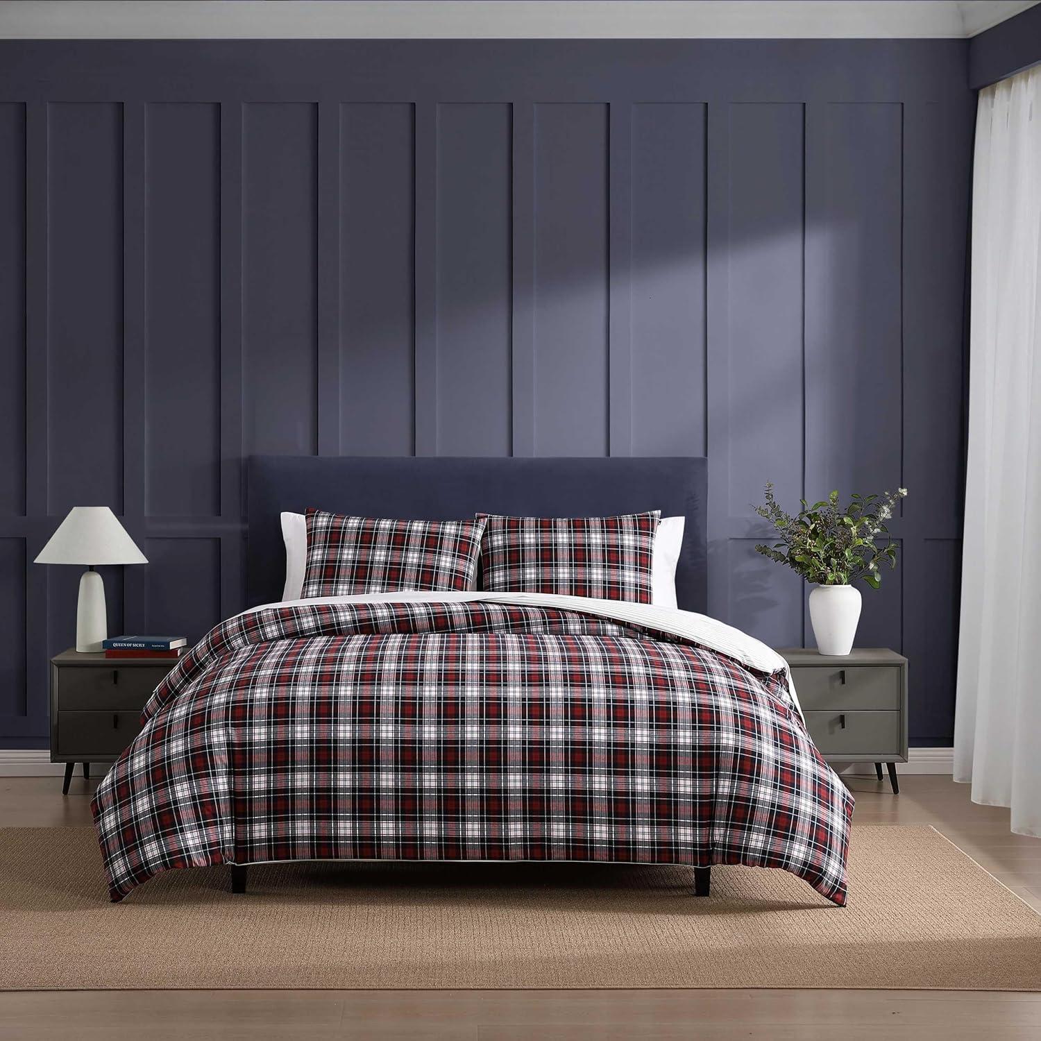 imageTommy Hilfiger Twin Comforter Set Reversible YardDyed Cotton Bedding with Matching Sham Medium Weight OekoTex Certified Dorm Essentials Essential Tartan RedEssential Tartan Red