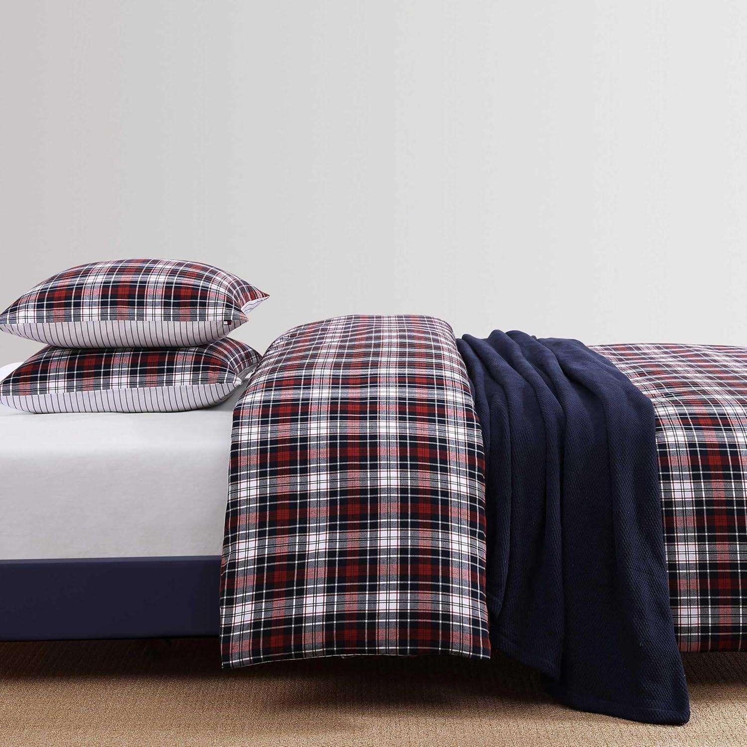 imageTommy Hilfiger Twin Comforter Set Reversible YardDyed Cotton Bedding with Matching Sham Medium Weight OekoTex Certified Dorm Essentials Essential Tartan RedEssential Tartan Red
