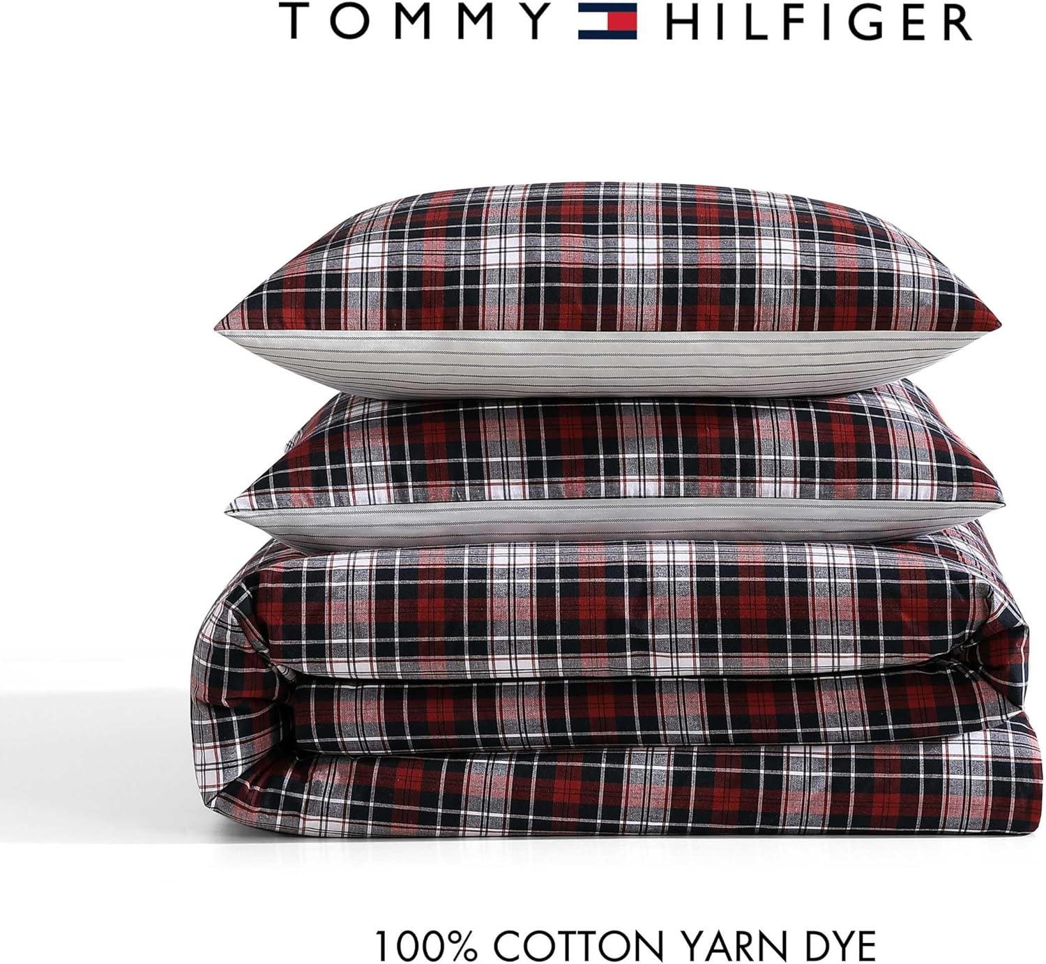 imageTommy Hilfiger Twin Comforter Set Reversible YardDyed Cotton Bedding with Matching Sham Medium Weight OekoTex Certified Dorm Essentials Essential Tartan RedEssential Tartan Red
