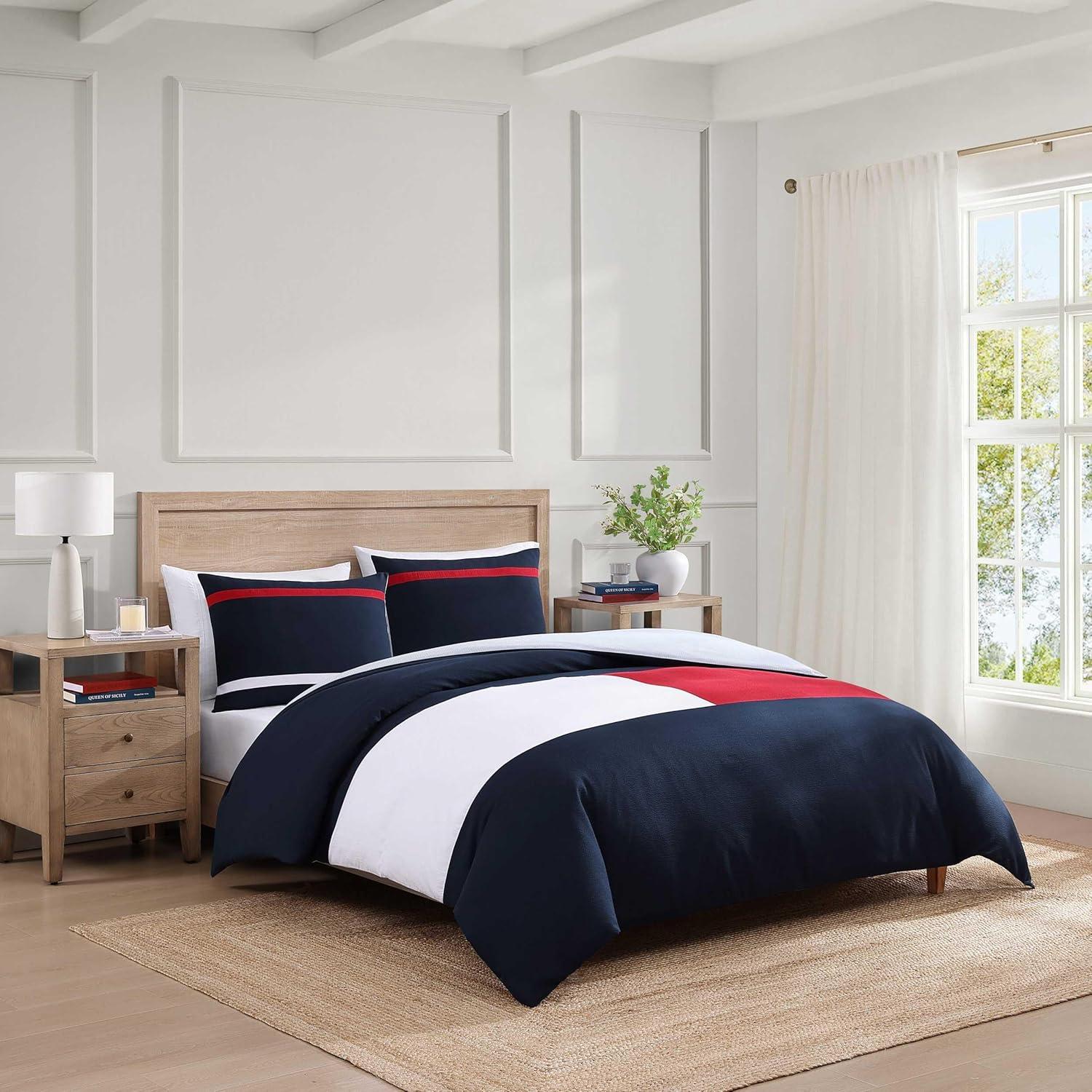 imageTommy Hilfiger Twin Comforter Set Soft ampamp Breathable Seersucker Bedding with a Textured Feel Medium Weight for Year Round Use 2 Piece Bed Set with Matching Pillowcase Iconic Anniversary NavyKing
