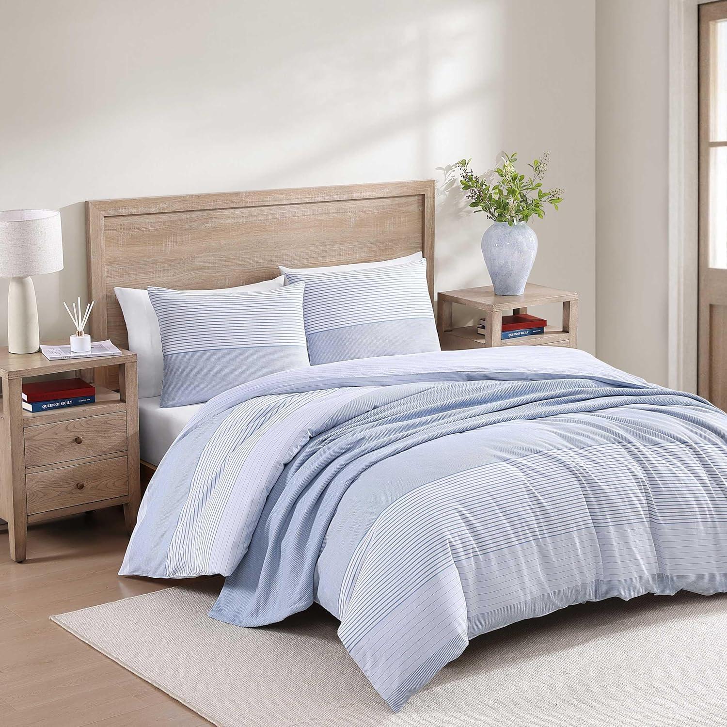 imageTommy Hilfiger Twin Comforter Set Super Soft Bedding with Matching Sham Breathable Bed Essentials Modern Stripe White TwinModern Stripe Blue