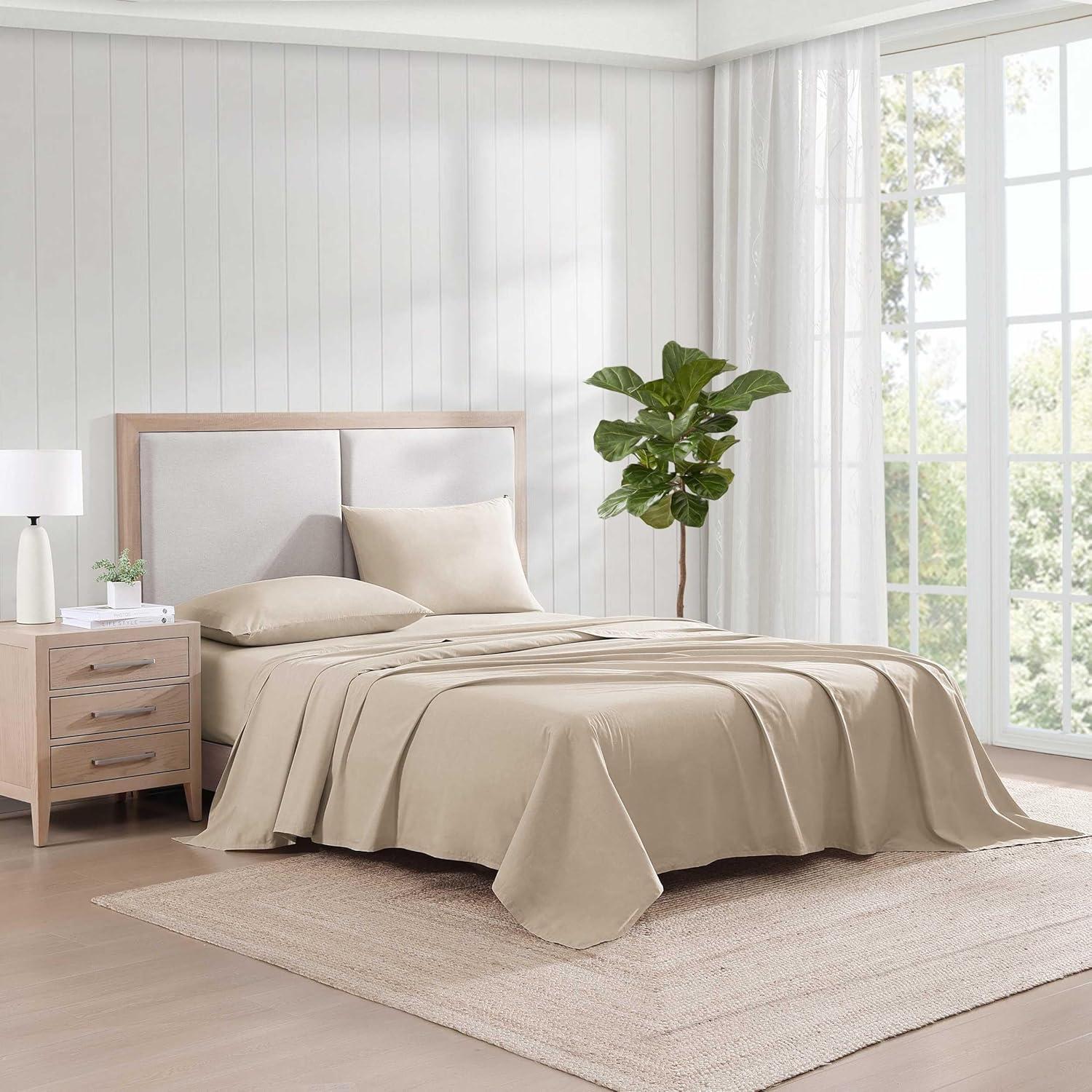imageTommy Hilfiger Twin Sheet Set Cotton Chambray Bedding with Matching Pillowcase Lightweight Weave Subtle Textured Bed Sheets BlueBeige