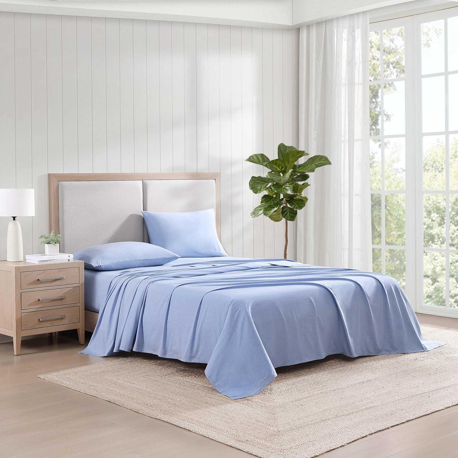imageTommy Hilfiger Twin Sheet Set Cotton Chambray Bedding with Matching Pillowcase Lightweight Weave Subtle Textured Bed Sheets BlueBlue