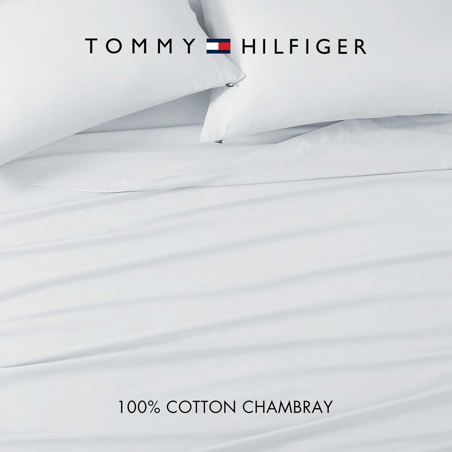 imageTommy Hilfiger Twin Sheet Set Cotton Chambray Bedding with Matching Pillowcase Lightweight Weave Subtle Textured Bed Sheets BlueSky Blue