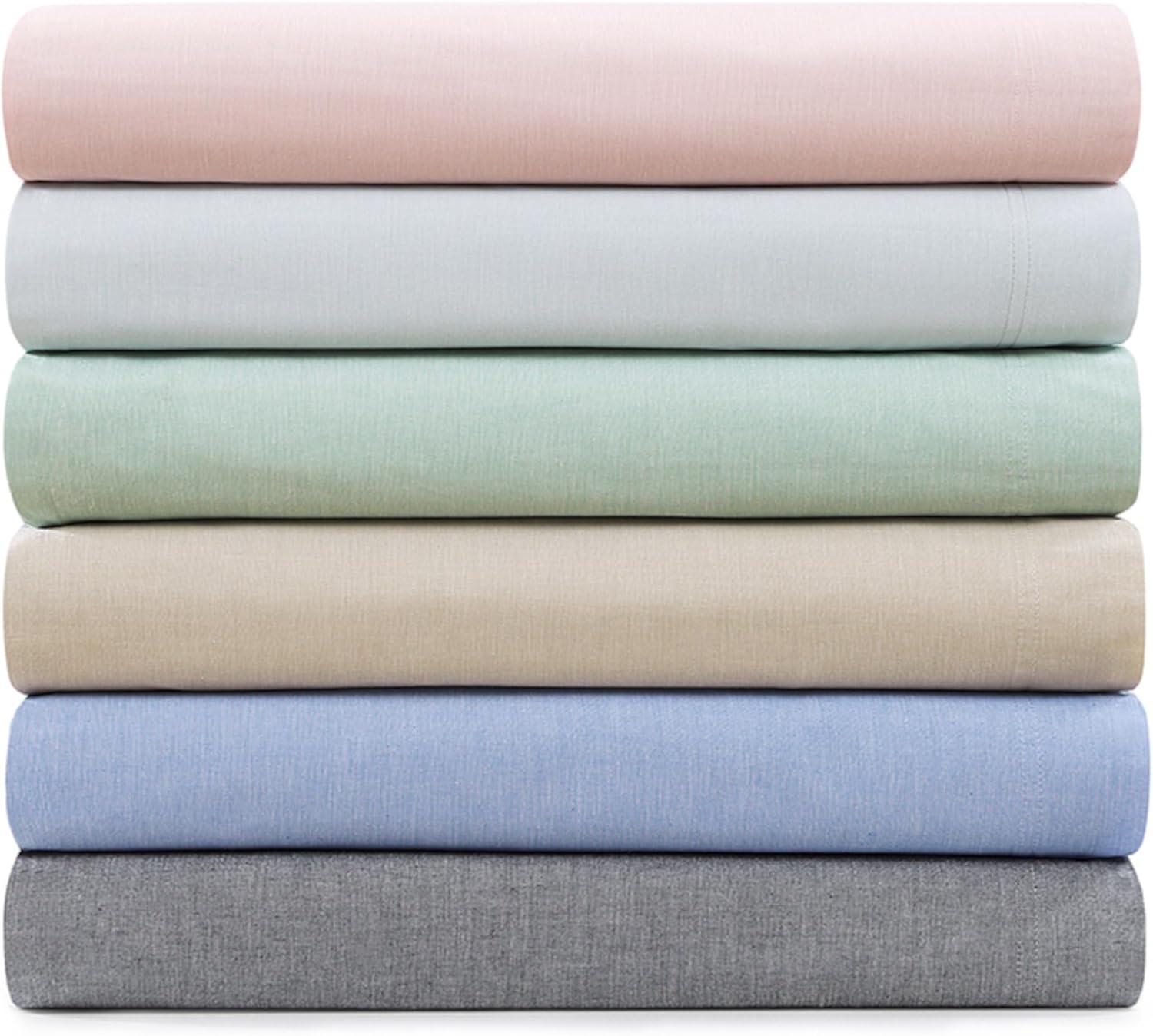imageTommy Hilfiger Twin Sheet Set Cotton Chambray Bedding with Matching Pillowcase Lightweight Weave Subtle Textured Bed Sheets BlueSky Blue