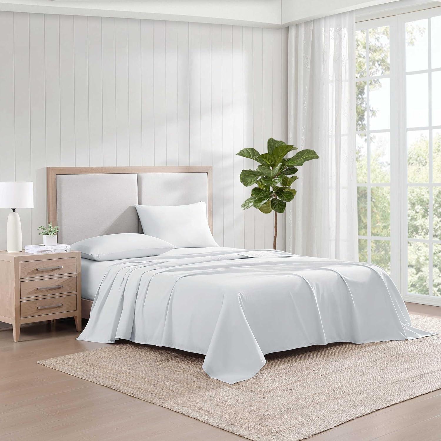 imageTommy Hilfiger Twin Sheet Set Cotton Chambray Bedding with Matching Pillowcase Lightweight Weave Subtle Textured Bed Sheets BlueSky Blue