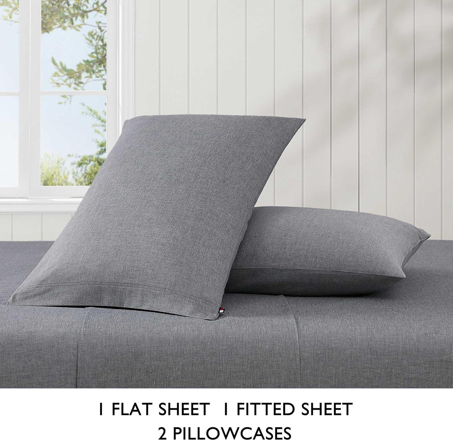 imageTommy Hilfiger Twin Sheet Set Cotton Chambray Bedding with Matching Pillowcase Lightweight Weave Subtle Textured Bed Sheets PinkNavy