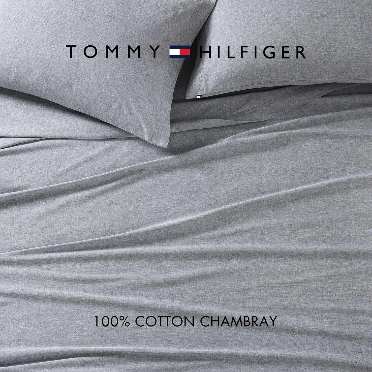 imageTommy Hilfiger Twin Sheet Set Cotton Chambray Bedding with Matching Pillowcase Lightweight Weave Subtle Textured Bed Sheets PinkNavy