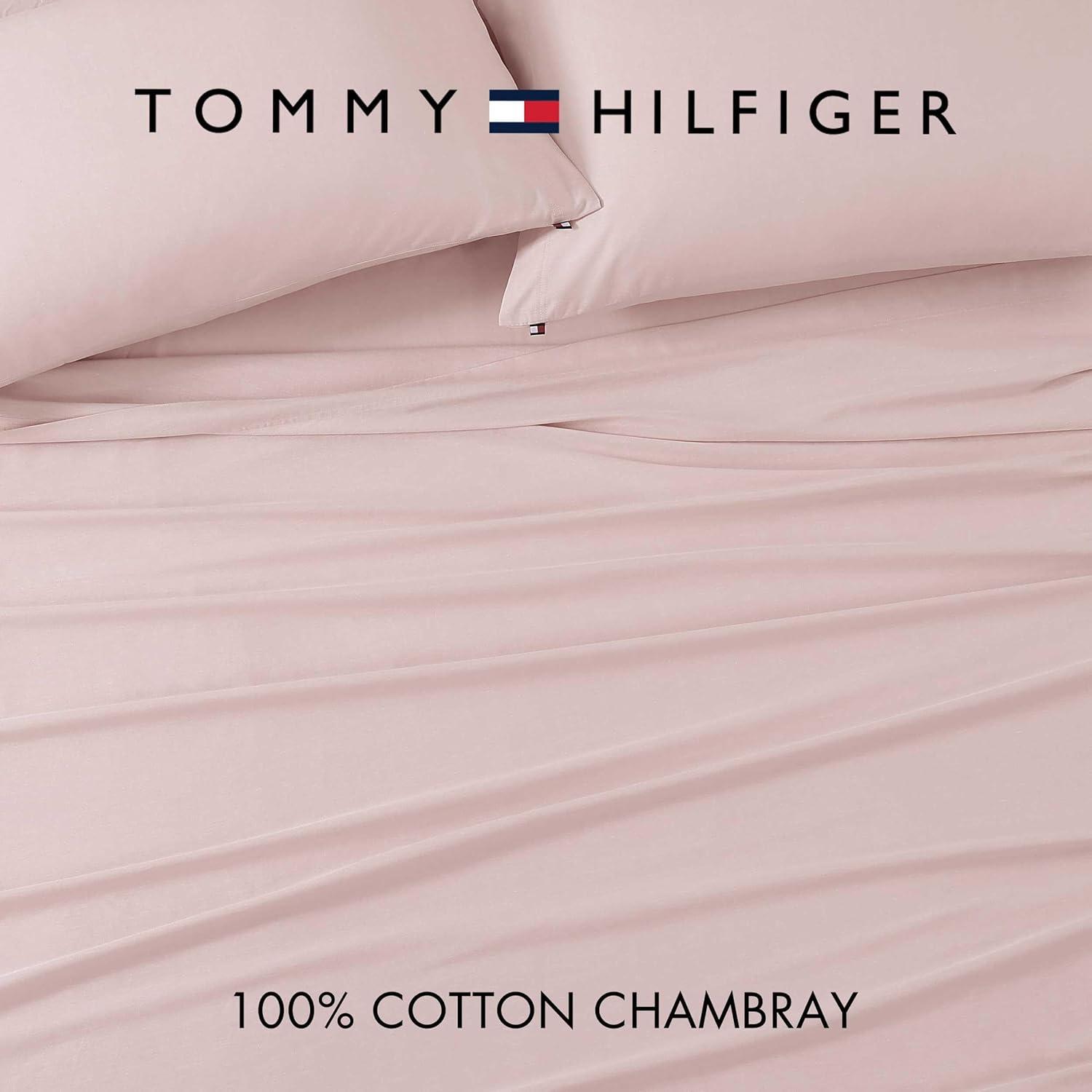 imageTommy Hilfiger Twin Sheet Set Cotton Chambray Bedding with Matching Pillowcase Lightweight Weave Subtle Textured Bed Sheets PinkPink