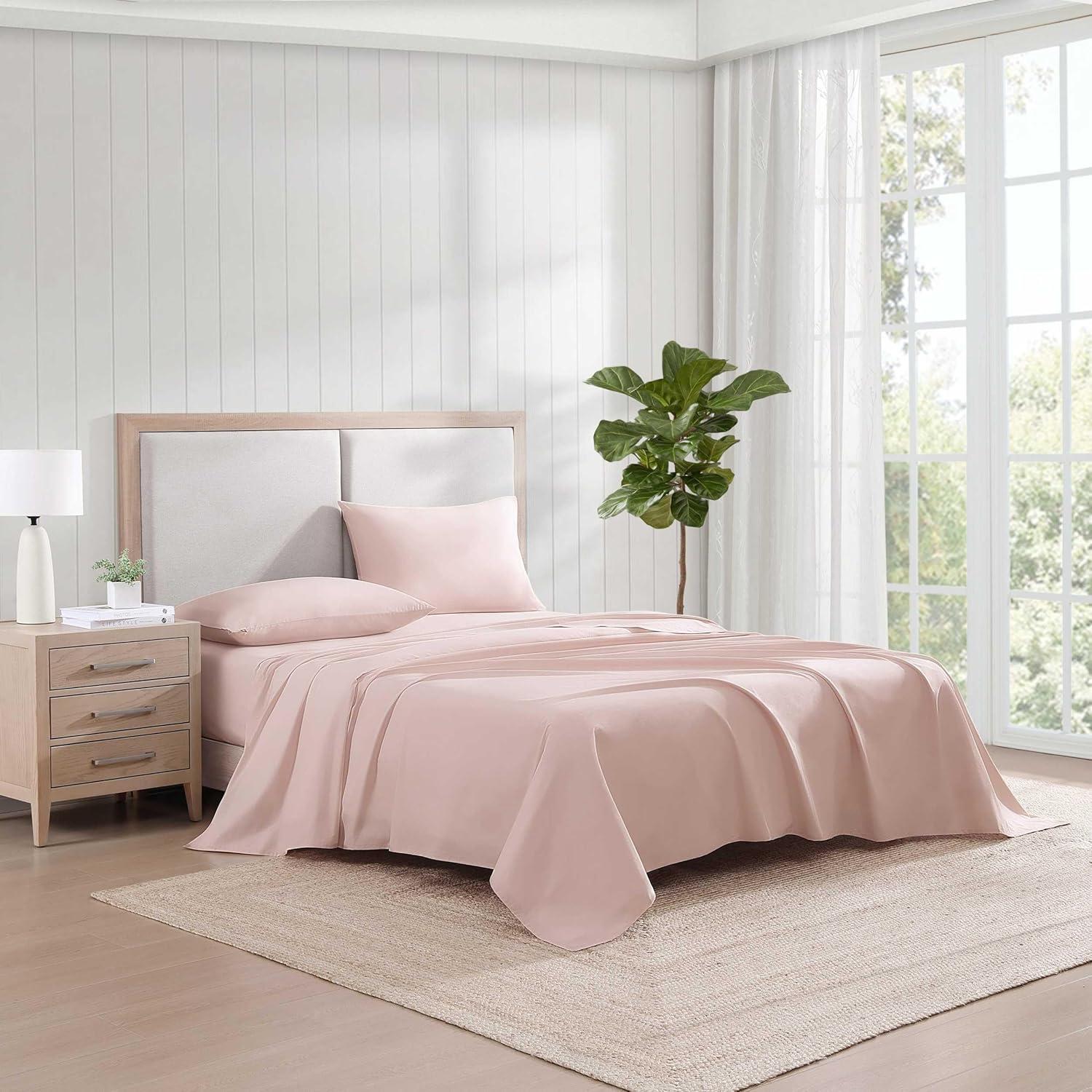imageTommy Hilfiger Twin Sheet Set Cotton Chambray Bedding with Matching Pillowcase Lightweight Weave Subtle Textured Bed Sheets PinkPink