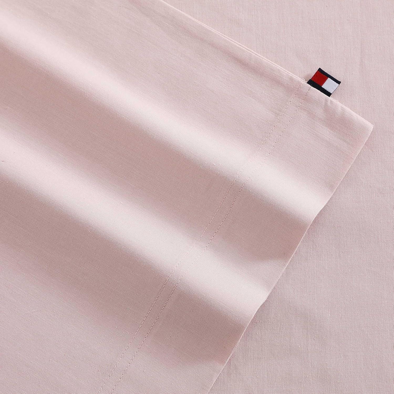 imageTommy Hilfiger Twin Sheet Set Cotton Chambray Bedding with Matching Pillowcase Lightweight Weave Subtle Textured Bed Sheets PinkPink