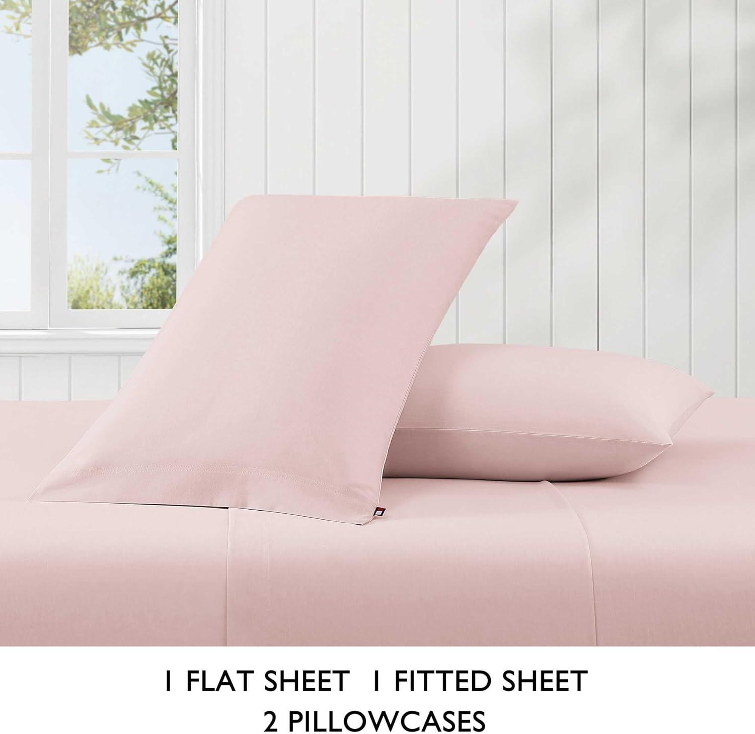 imageTommy Hilfiger Twin Sheet Set Cotton Chambray Bedding with Matching Pillowcase Lightweight Weave Subtle Textured Bed Sheets PinkPink