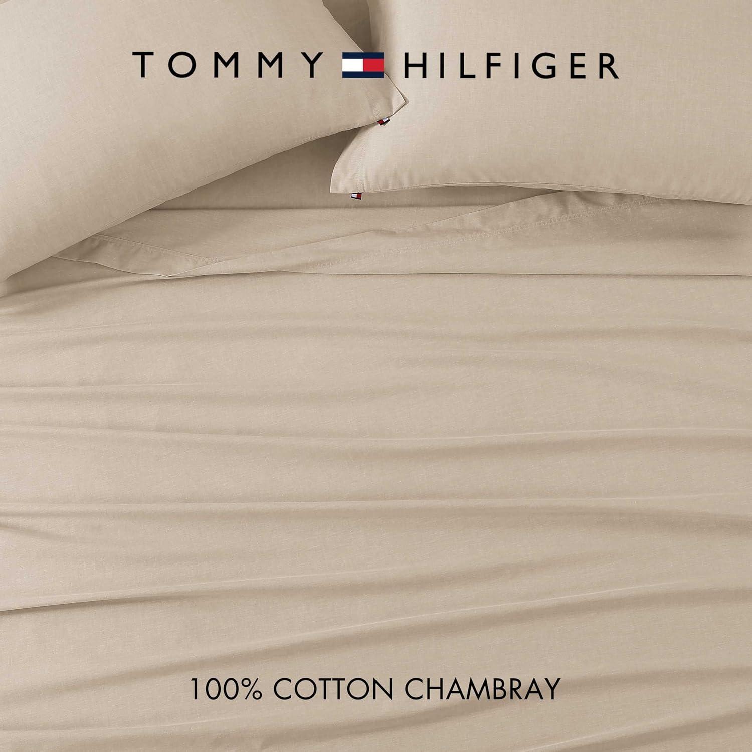 imageTommy Hilfiger Twin Size Sheet Set Soft Cotton Chambray Bedding with a Lightweight Feel Deep Pockets Bed Sheets with Matching Fitted Sheet ampamp Pillowcase BeigeBeige
