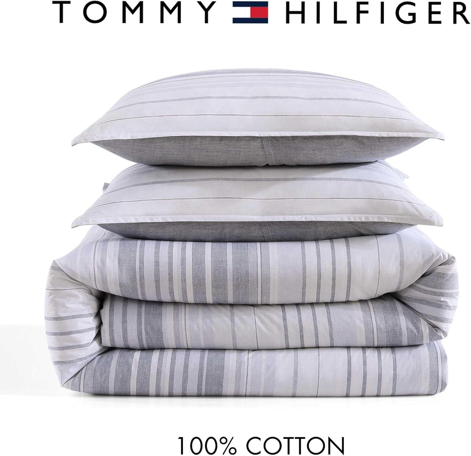 imageTommy Hilfiger TwinTwin XL Comforter Set Cotton Textured Bedding with Matching Sham Medium Weight Bed Set OekoTEX Certified Bold Stripe GreyBold Stripe Grey