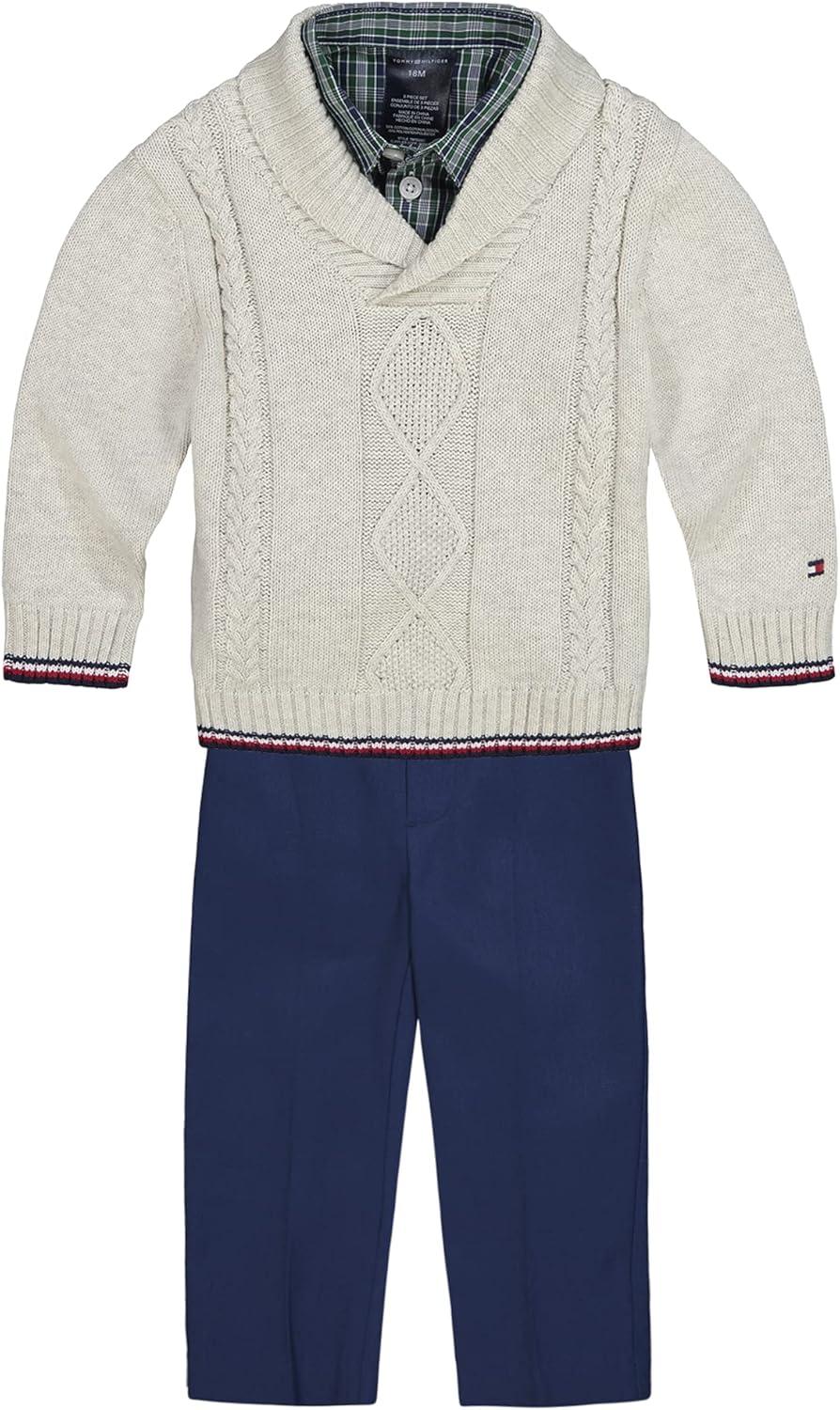 imageTommy Hilfiger Boys 4Piece Formal Suit Set Includes Shirt Dress Pants Vest ampamp Tie Regatta Blue 14Oatmeal Plaid