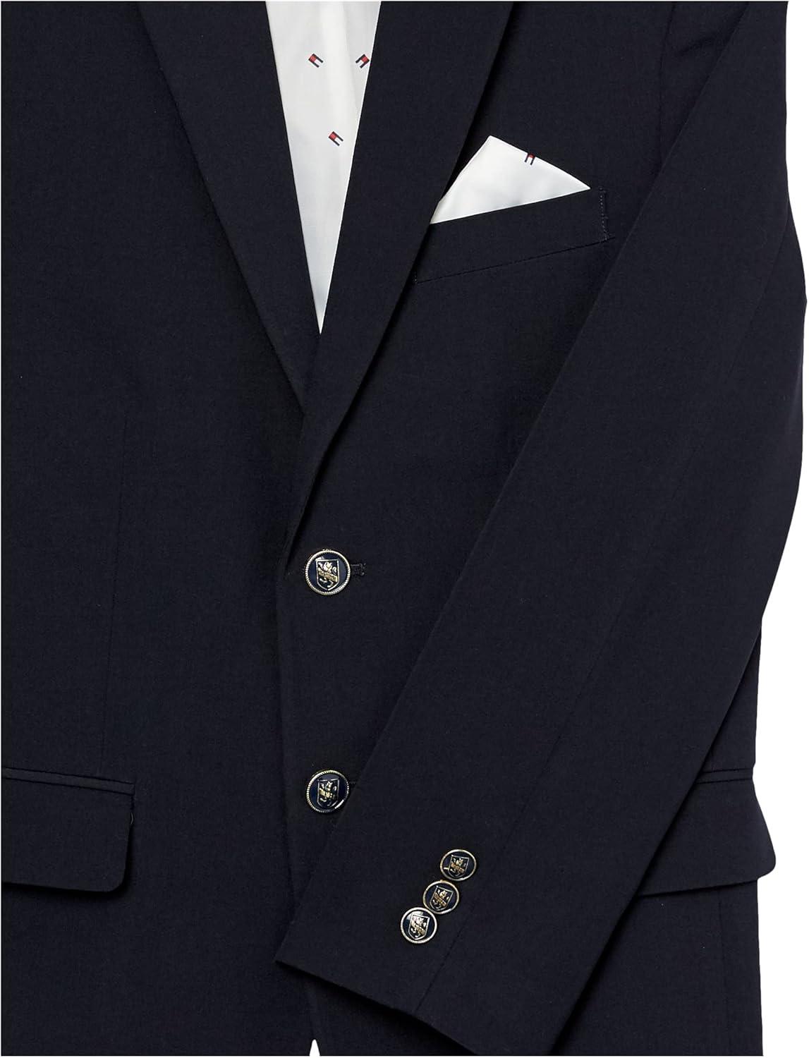 imageTommy Hilfiger Boys BiStretch Alexander Blazer Single Breasted with Pocket Square Solid Color with Flag Print LiningNavy