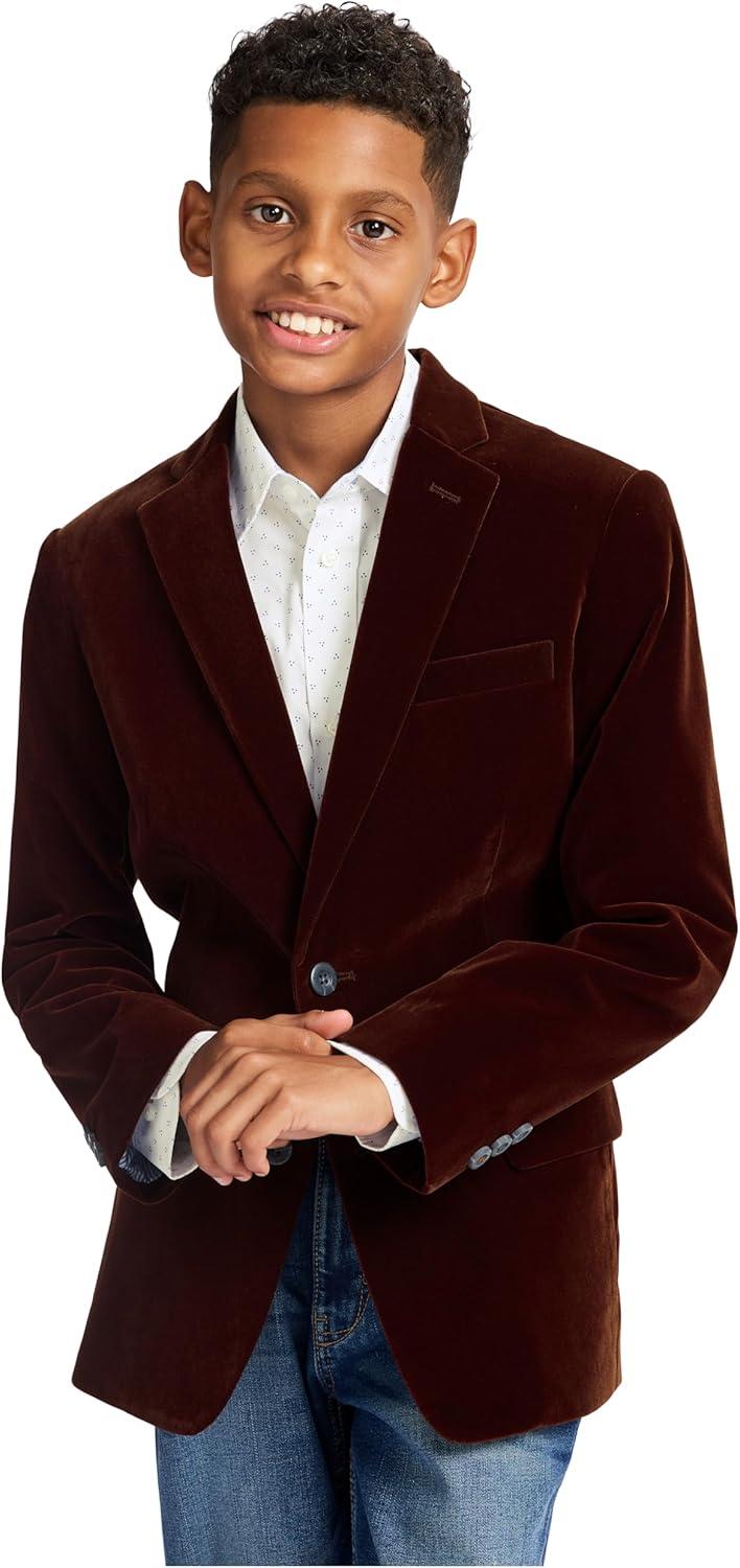 imageTommy Hilfiger Boys Blazer Suit Jacket Button Closure Notch Lapel ampamp Front Flap PocketsBordeaux Velvet