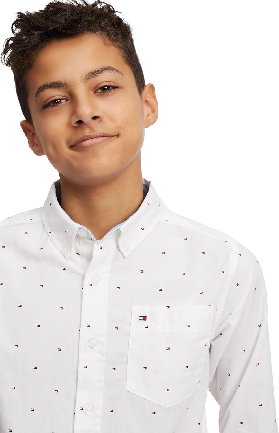 imageTommy Hilfiger Boys Boys Oxford Long Sleeve Dress Shirt Collared ButtonDown with Chest Pocket Regular FitFred White
