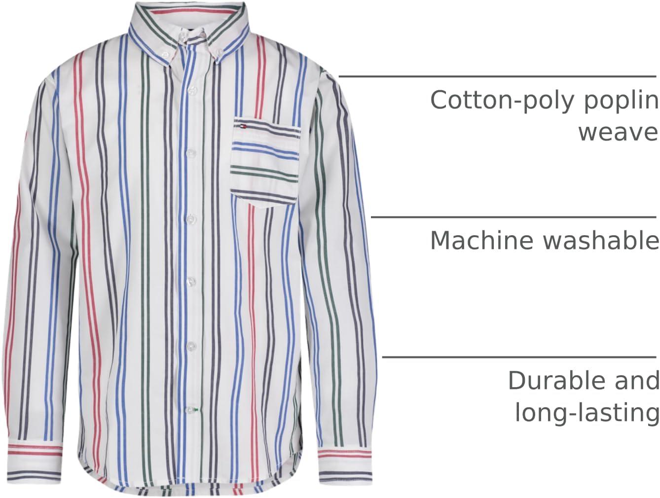 imageTommy Hilfiger Boys Boys Oxford Long Sleeve Dress Shirt Collared ButtonDown with Chest Pocket Regular FitSnow Vertical Stripe