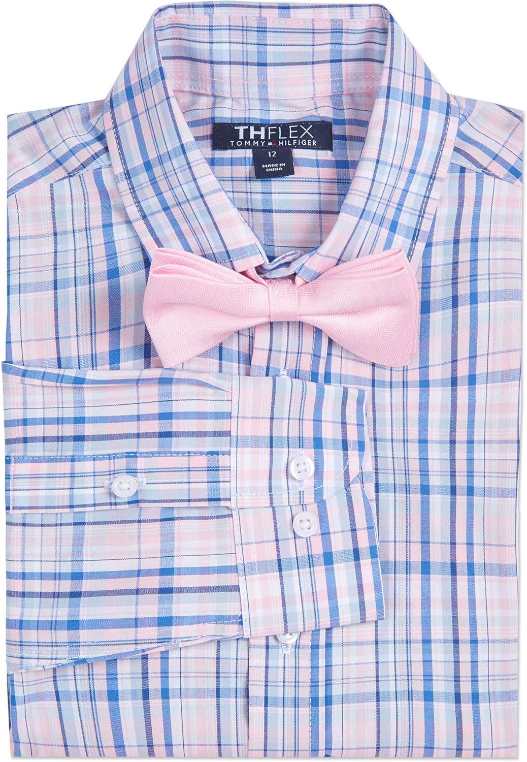 imageTommy Hilfiger Boys Long Sleeve Dress Shirt with Bow Tie Collared ButtonDown with Cuff SleevesBermuda Pink
