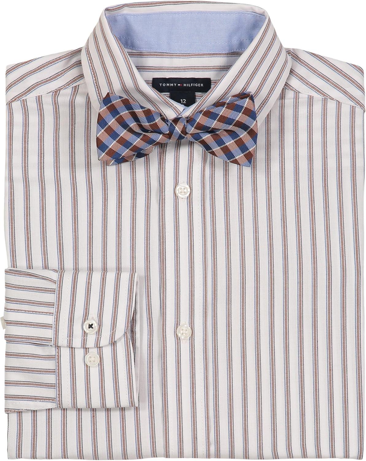 imageTommy Hilfiger Boys Long Sleeve Dress Shirt with Bow Tie Collared ButtonDown with Cuff SleevesChestnut Stripe