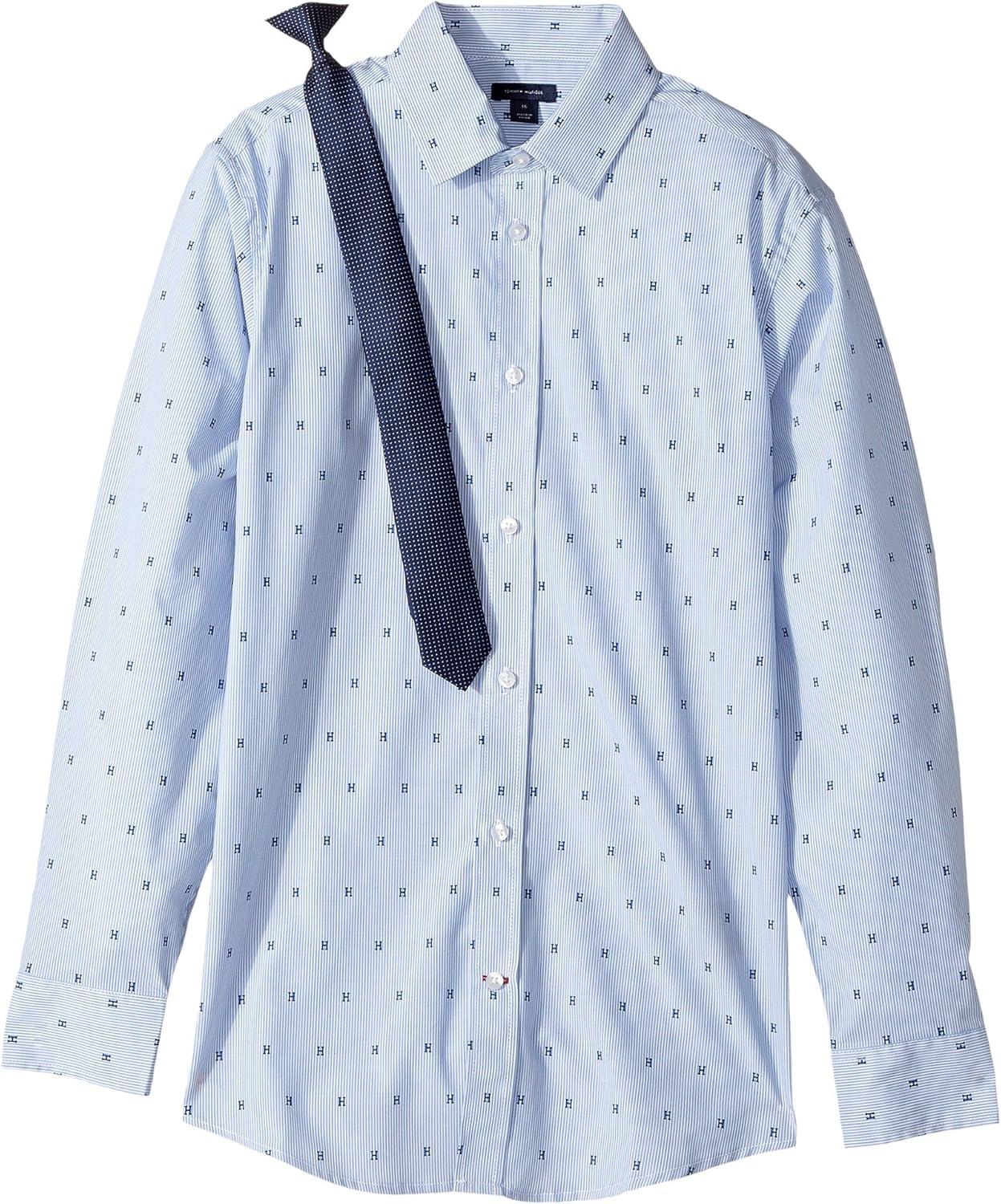imageTommy Hilfiger Boys Long Sleeve Dress Shirt with Straight Tie Collared ButtonDown with Cuff SleevesBlue