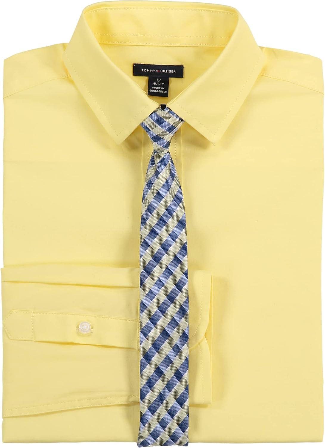 imageTommy Hilfiger Boys Long Sleeve Dress Shirt with Straight Tie Collared ButtonDown with Cuff SleevesPale Banana