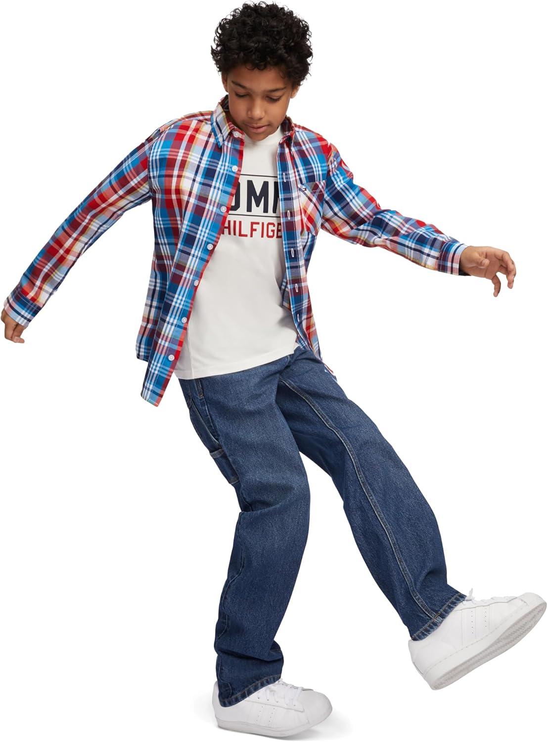 imageTommy Hilfiger Boys Long Sleeve Woven Buttondown Shirt Lightweight ampamp BreathableCerulean Iconic Plaid