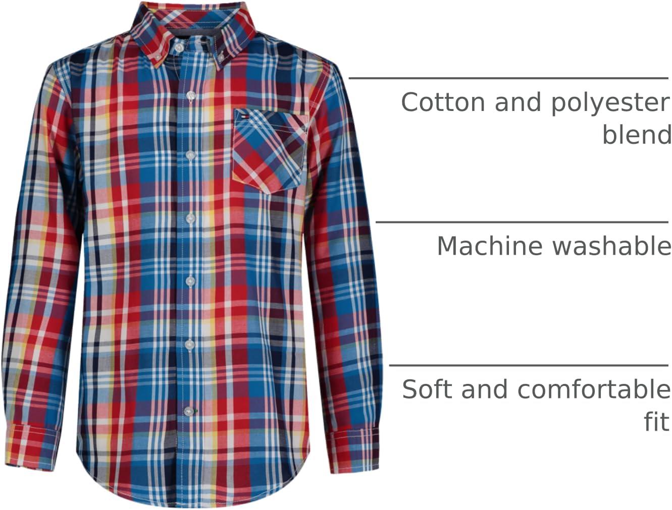 imageTommy Hilfiger Boys Long Sleeve Woven Buttondown Shirt Lightweight ampamp BreathableCerulean Iconic Plaid