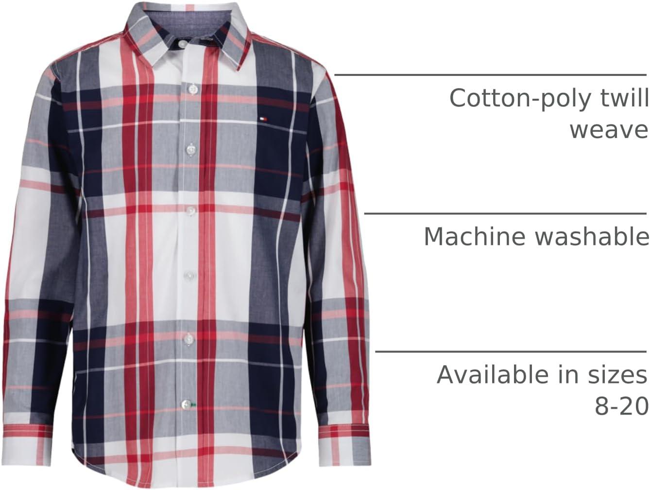 imageTommy Hilfiger Boys Long Sleeve Woven Buttondown Shirt Lightweight ampamp BreathableFresh Oversized Plaid