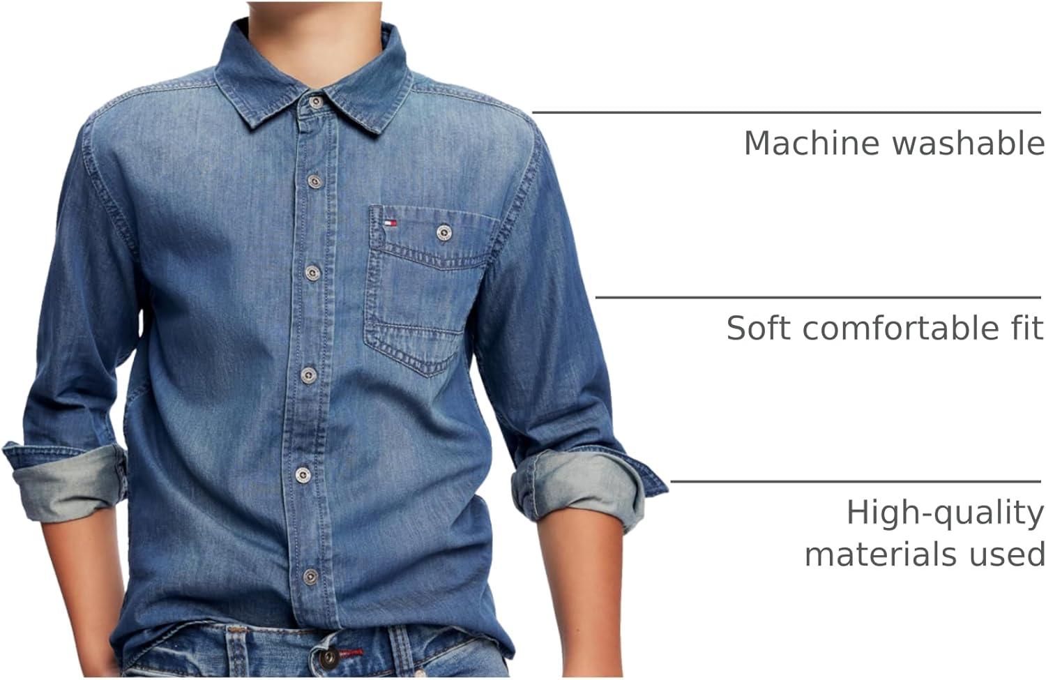 imageTommy Hilfiger Boys Long Sleeve Woven Buttondown Shirt Lightweight ampamp BreathableMedium Blue