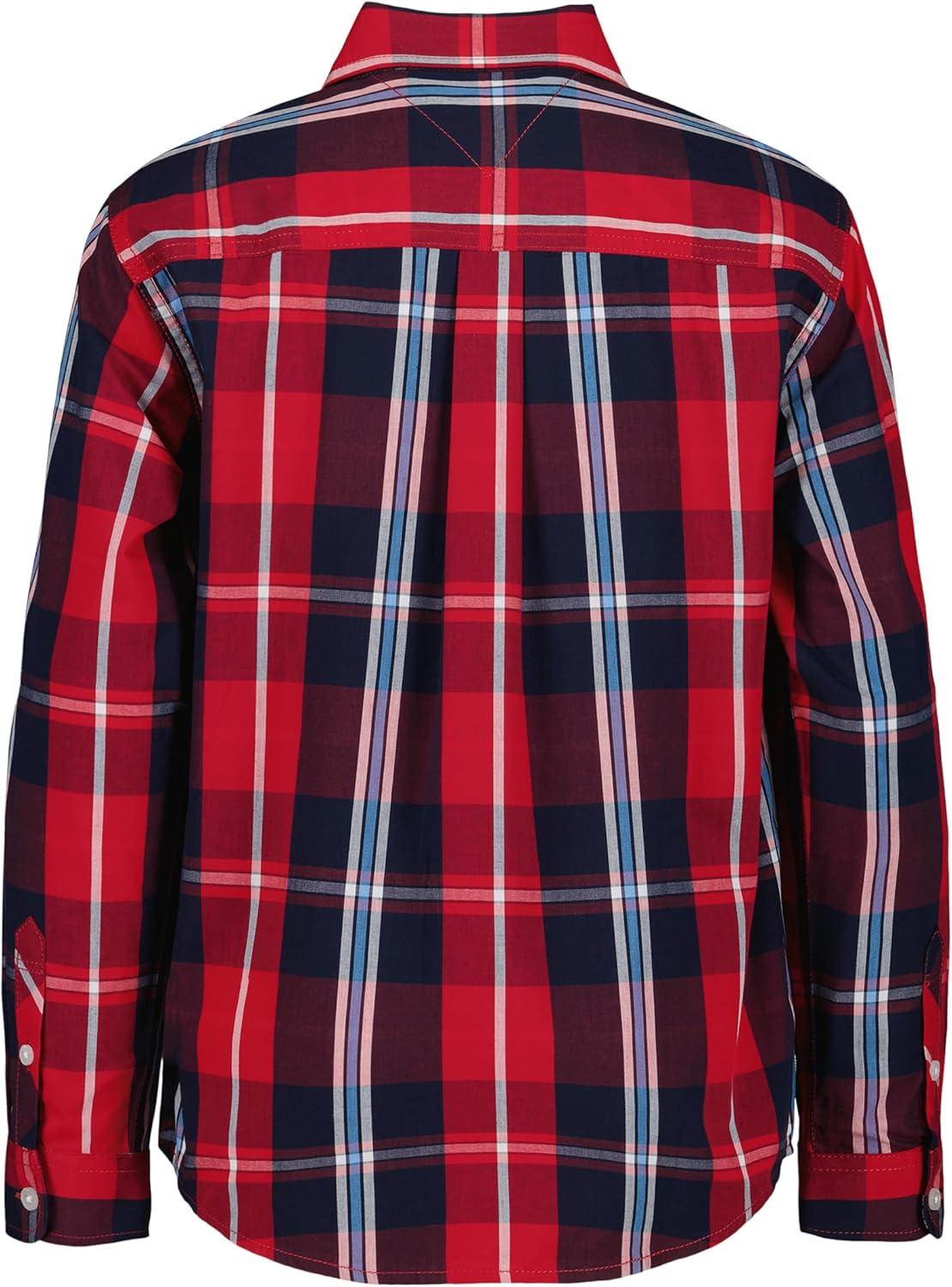 imageTommy Hilfiger Boys Long Sleeve Woven Buttondown Shirt Lightweight ampamp BreathableScarlet Sage Exploded Plaid
