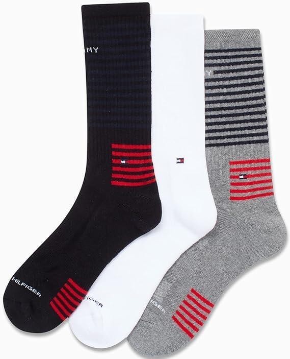 imageTommy Hilfiger Mens Crew Socks 3 Pack Cotton Blend Cushioned Athletic Performance Crew Length Running Socks for MenAssorted Multi