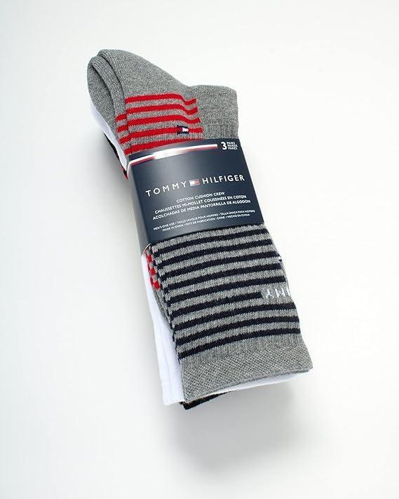 imageTommy Hilfiger Mens Crew Socks 3 Pack Cotton Blend Cushioned Athletic Performance Crew Length Running Socks for MenAssorted Multi