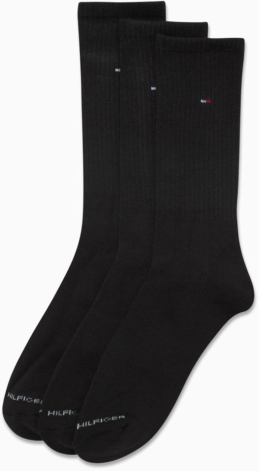 imageTommy Hilfiger Mens Crew Socks 3 Pack Cotton Blend Cushioned Athletic Performance Crew Length Running Socks for MenBlack