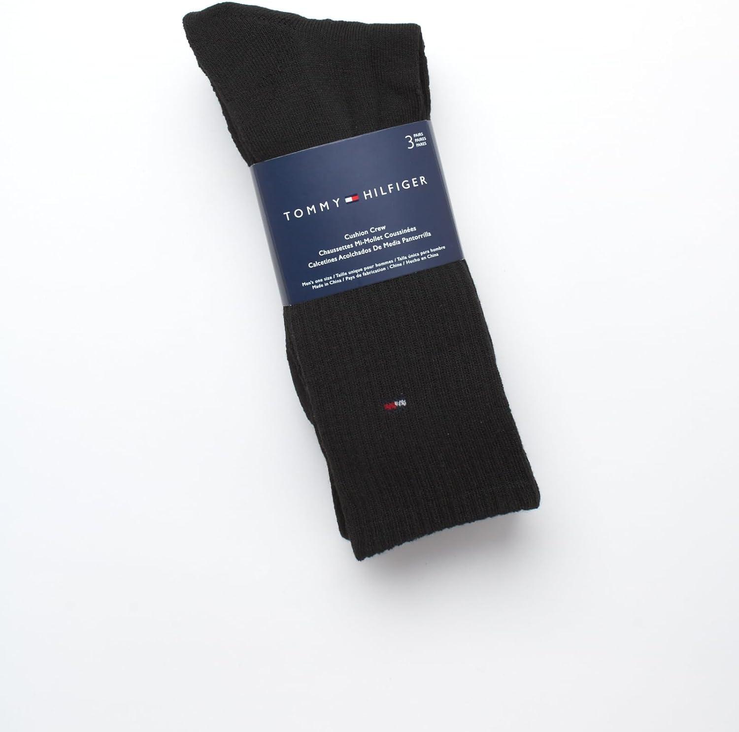 imageTommy Hilfiger Mens Crew Socks 3 Pack Cotton Blend Cushioned Athletic Performance Crew Length Running Socks for MenBlack
