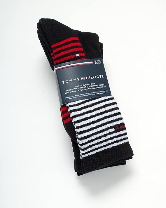 imageTommy Hilfiger Mens Crew Socks 3 Pack Cotton Blend Cushioned Athletic Performance Crew Length Running Socks for MenBlack Stripe