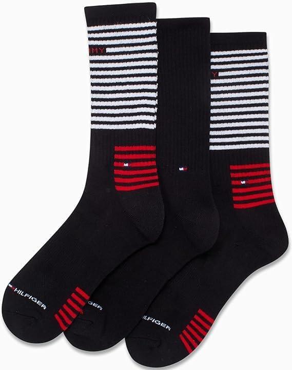 imageTommy Hilfiger Mens Crew Socks 3 Pack Cotton Blend Cushioned Athletic Performance Crew Length Running Socks for MenBlack Stripe