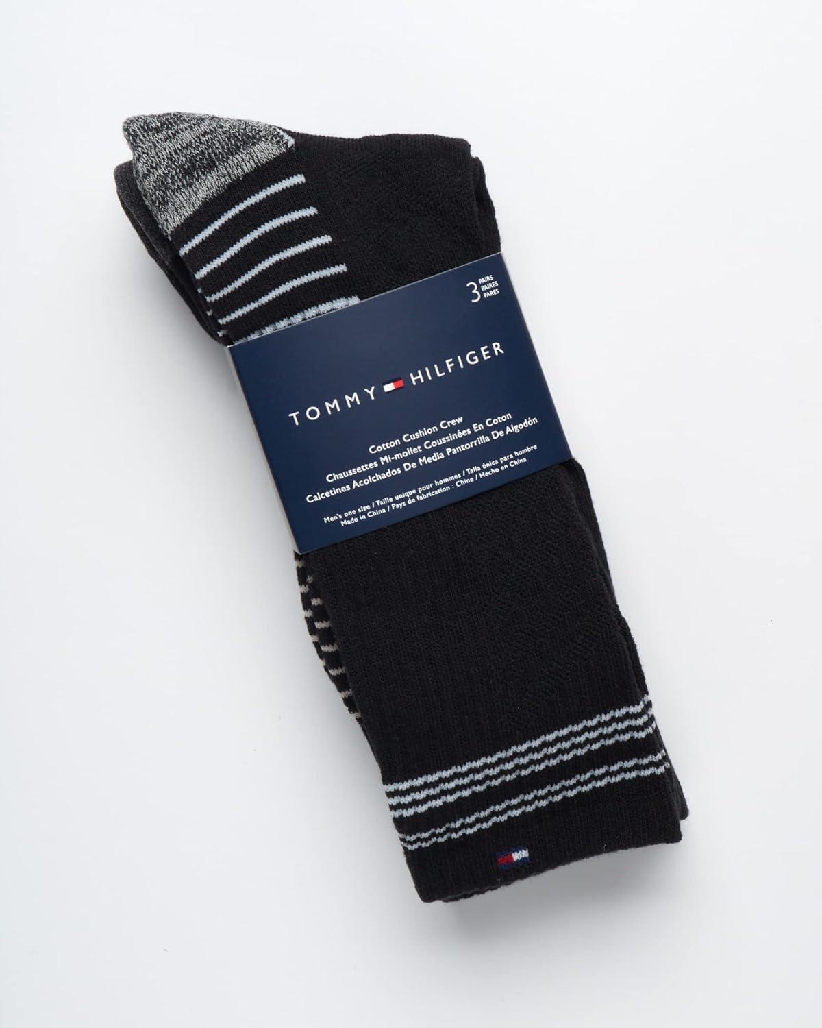 imageTommy Hilfiger Mens Crew Socks 3 Pack Cotton Blend Cushioned Athletic Performance Crew Length Running Socks for MenBlackGrey