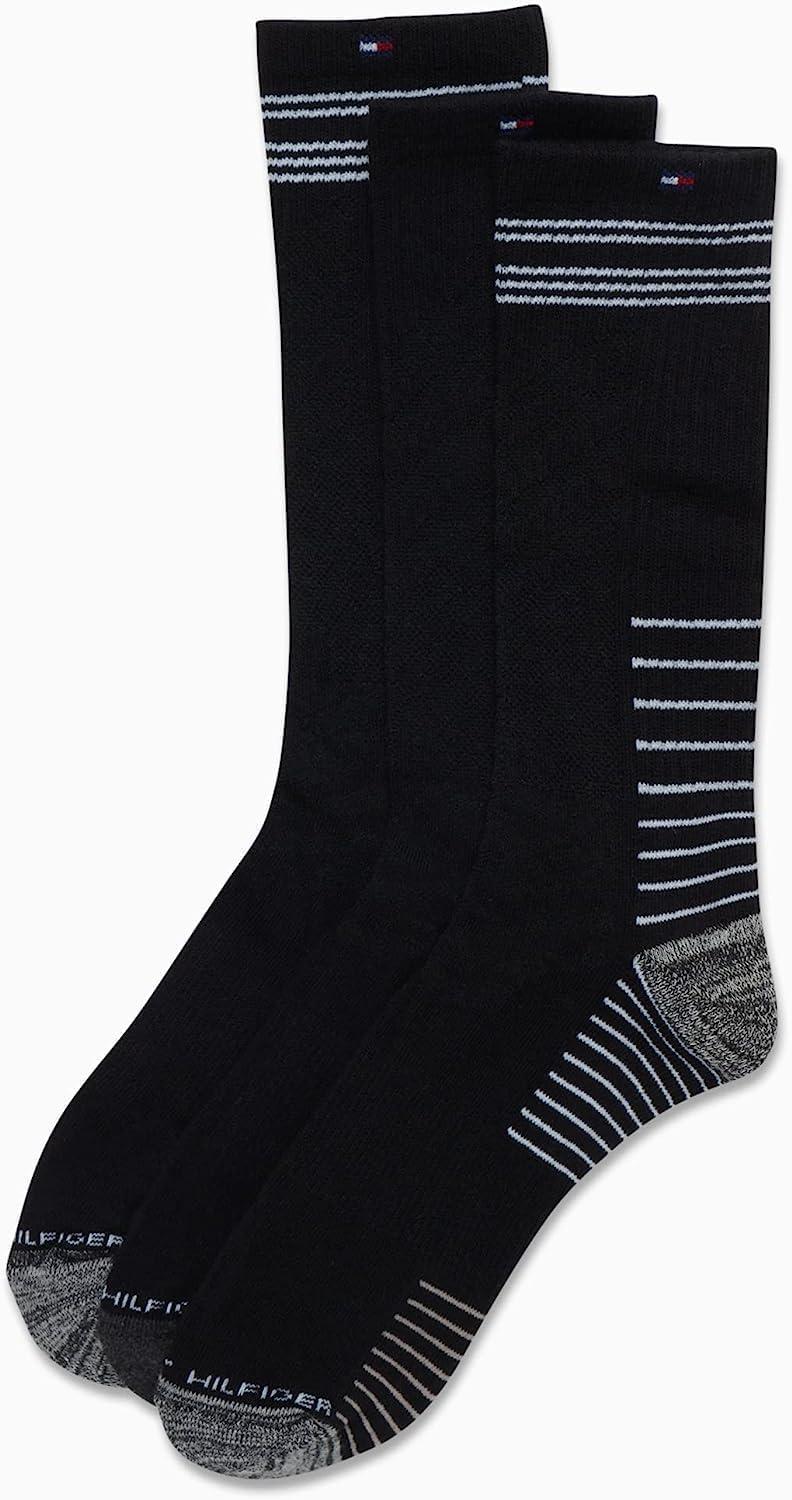 imageTommy Hilfiger Mens Crew Socks 3 Pack Cotton Blend Cushioned Athletic Performance Crew Length Running Socks for MenBlackGrey
