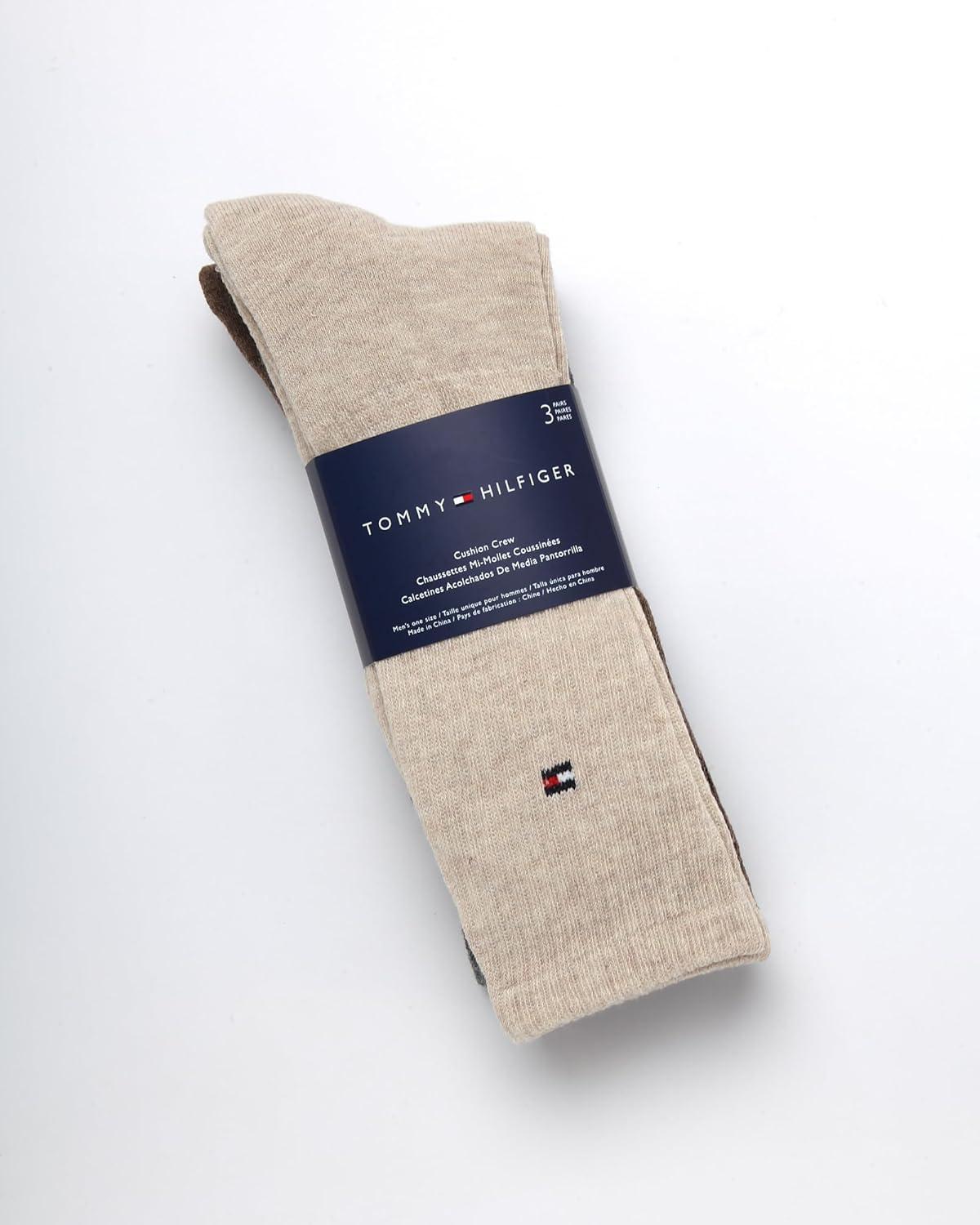 imageTommy Hilfiger Mens Crew Socks 3 Pack Cotton Blend Cushioned Athletic Performance Crew Length Running Socks for MenBrown Assorted