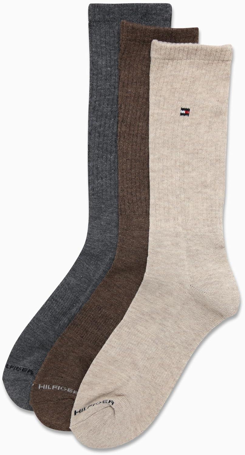 imageTommy Hilfiger Mens Crew Socks 3 Pack Cotton Blend Cushioned Athletic Performance Crew Length Running Socks for MenBrown Assorted
