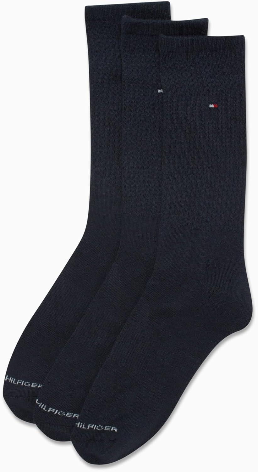 imageTommy Hilfiger Mens Crew Socks 3 Pack Cotton Blend Cushioned Athletic Performance Crew Length Running Socks for MenNavy