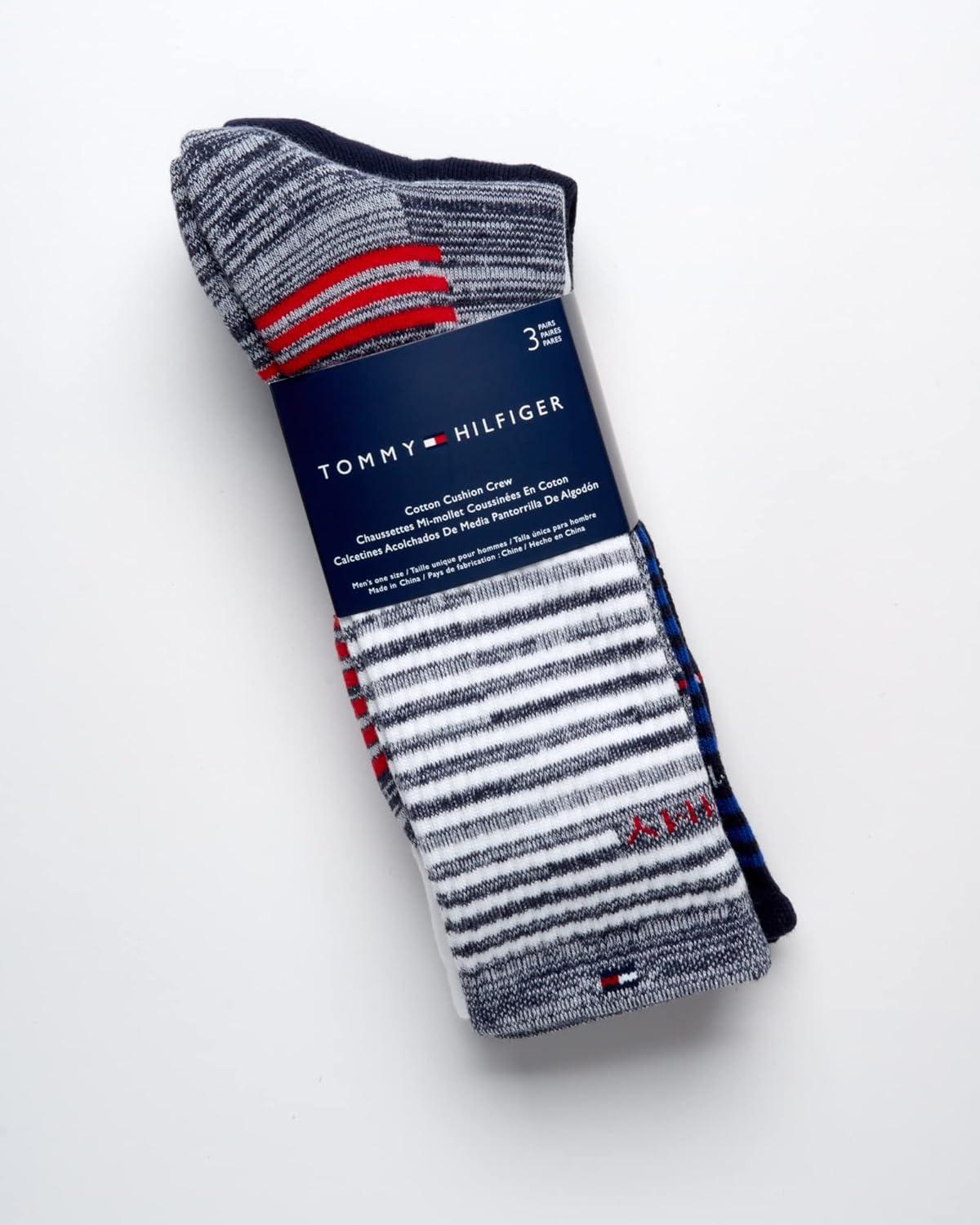 imageTommy Hilfiger Mens Crew Socks 3 Pack Cotton Blend Cushioned Athletic Performance Crew Length Running Socks for MenNavy Assorted