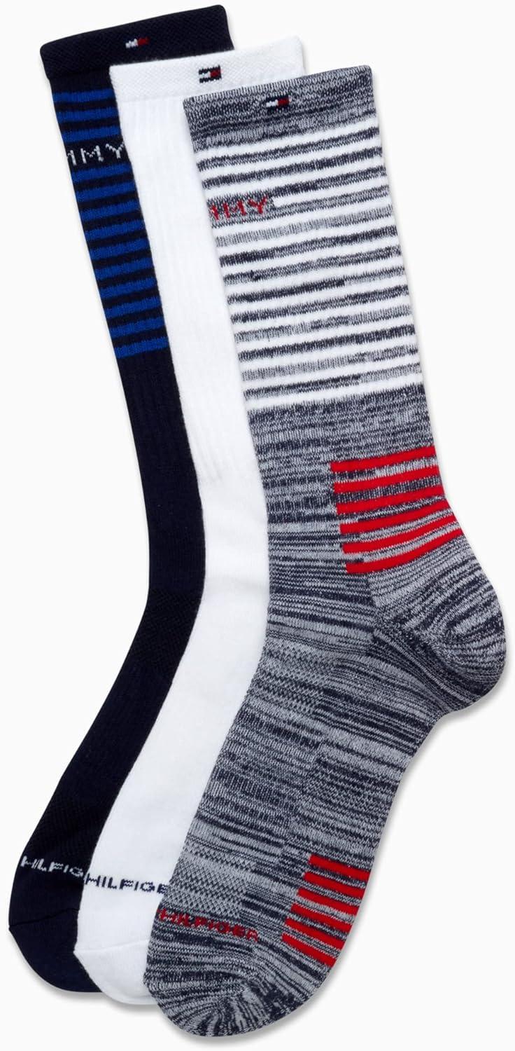 imageTommy Hilfiger Mens Crew Socks 3 Pack Cotton Blend Cushioned Athletic Performance Crew Length Running Socks for MenNavy Assorted