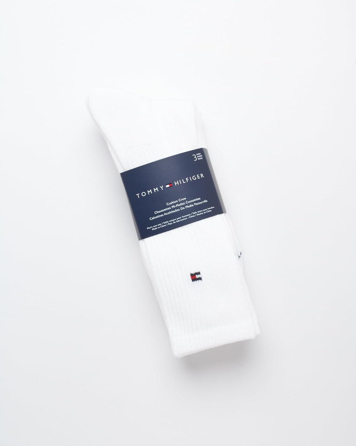imageTommy Hilfiger Mens Crew Socks 3 Pack Cotton Blend Cushioned Athletic Performance Crew Length Running Socks for MenWhite