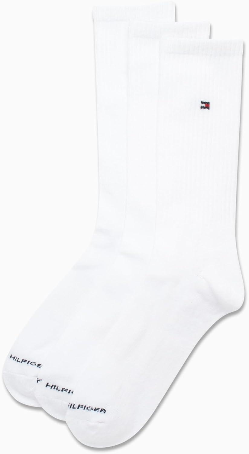 imageTommy Hilfiger Mens Crew Socks 3 Pack Cotton Blend Cushioned Athletic Performance Crew Length Running Socks for MenWhite