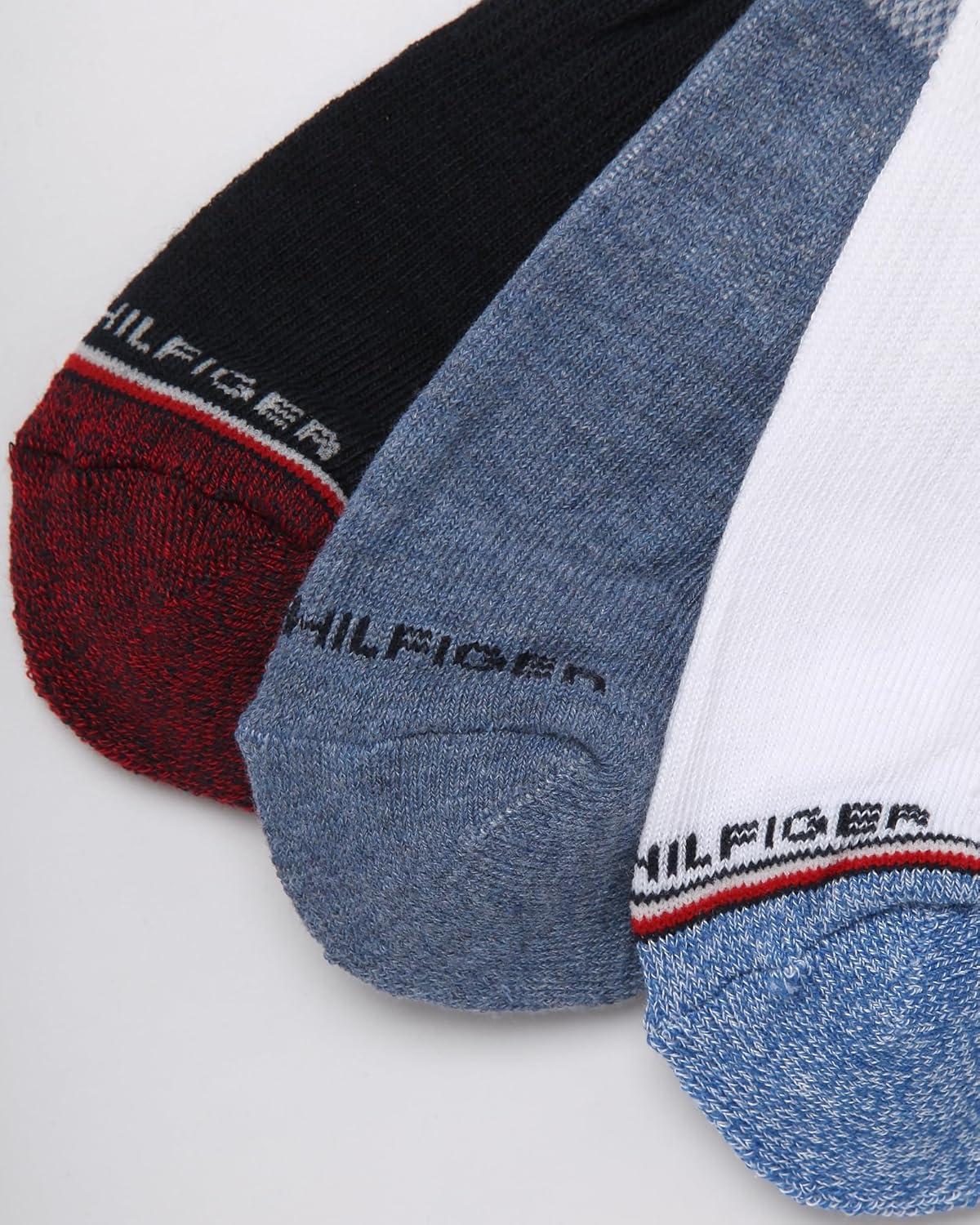 imageTommy Hilfiger Mens Crew Socks 3 Pack Cotton Blend Cushioned Athletic Performance Crew Length Running Socks for MenWhite Blue Assorted